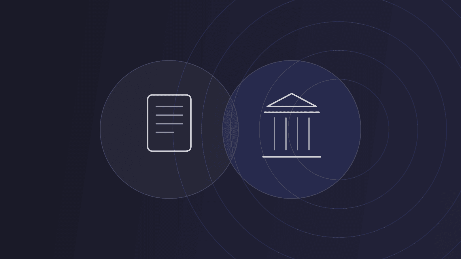 A document and a classical courthouse facade side by side inside overlapping discs, on a dark ground