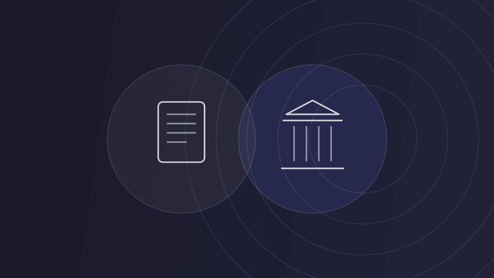 A document and a classical courthouse facade side by side inside overlapping discs, on a dark ground